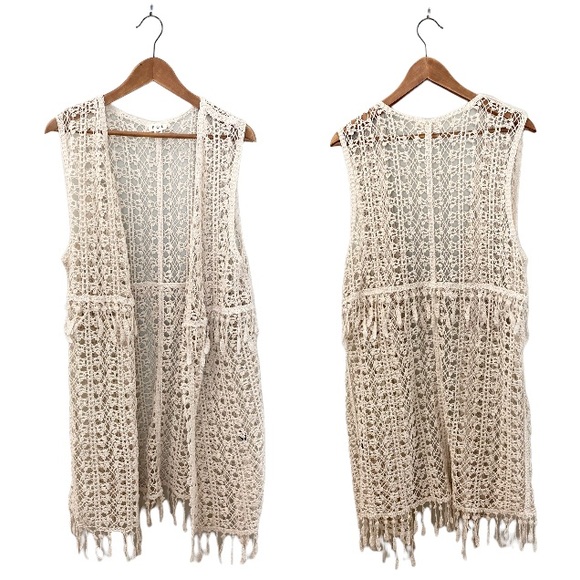 POL Crochet Fringe Duster Vest / Swim Coverup / Festival Boho Macrame - Picture 1 of 11
